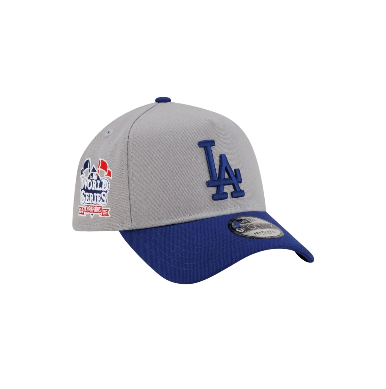 Front Right View of the New Era Dodgers 2025 World Series Champions Flag 9FORTY A-Frame Snapback