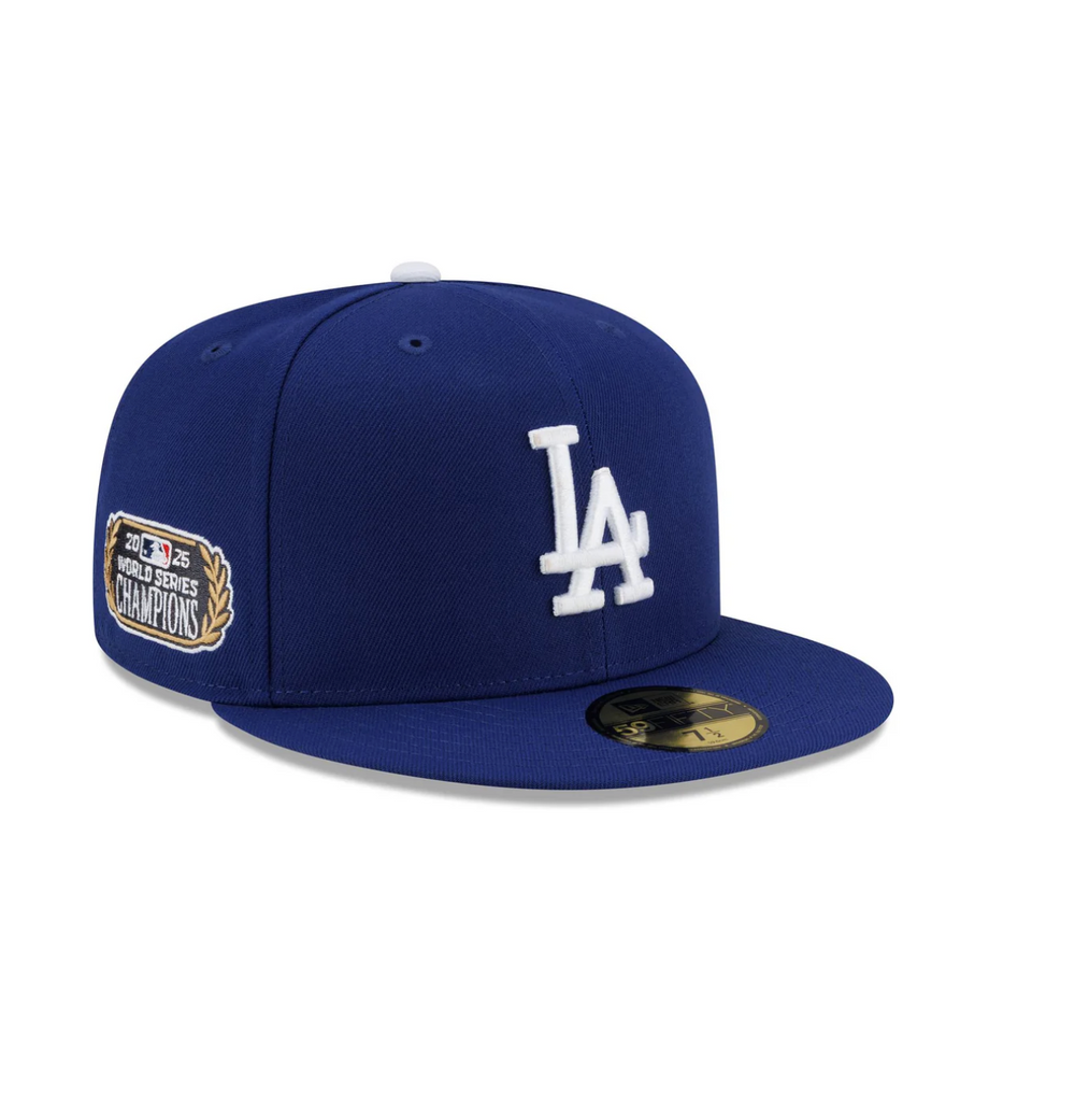 Front Left View of the New Era Dodgers 2025 World Series Champions Gilded Sidepatch 59FIFTY Fitted