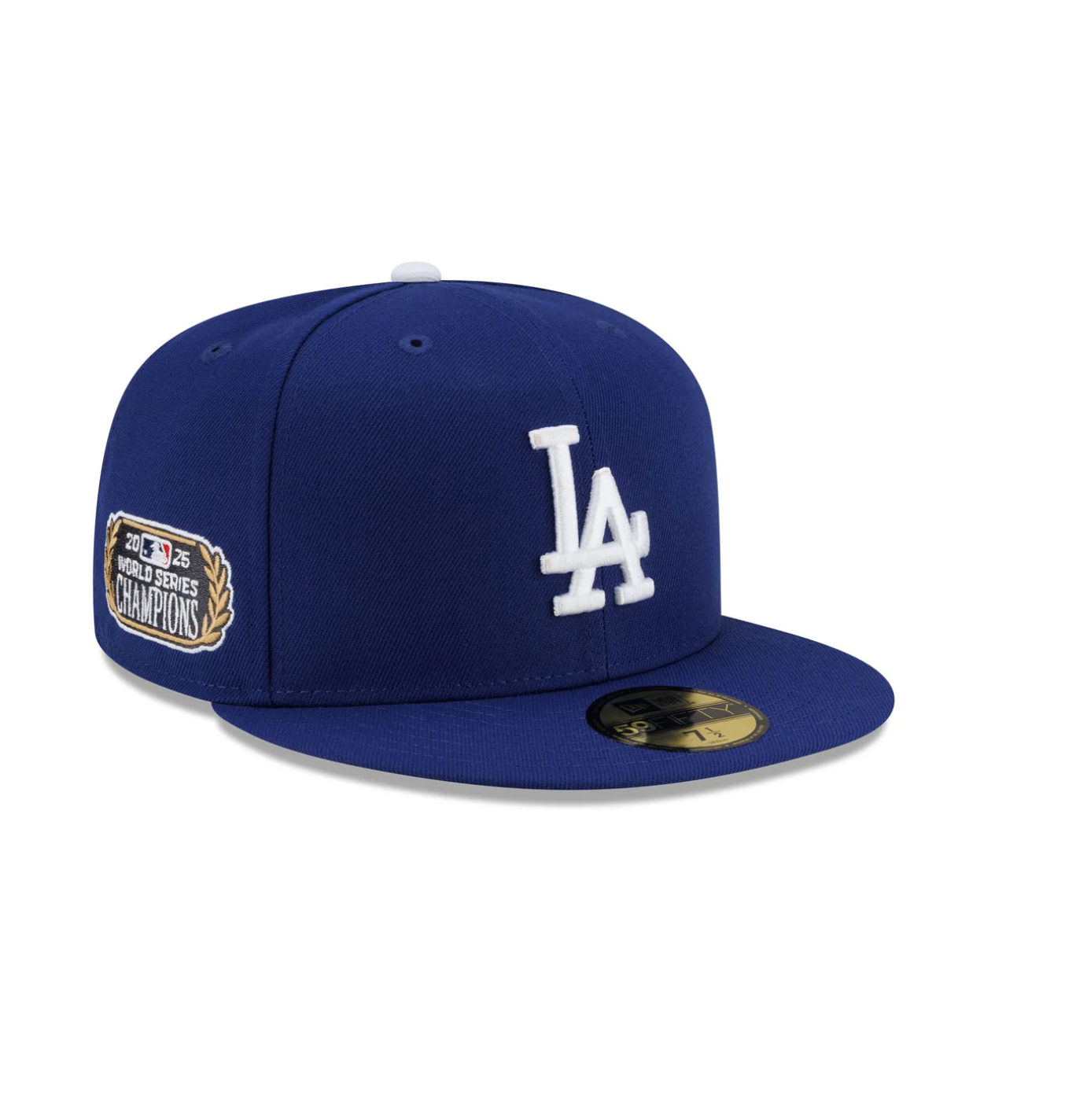 Front Left View of the New Era Dodgers 2025 World Series Champions Gilded Sidepatch 59FIFTY Fitted