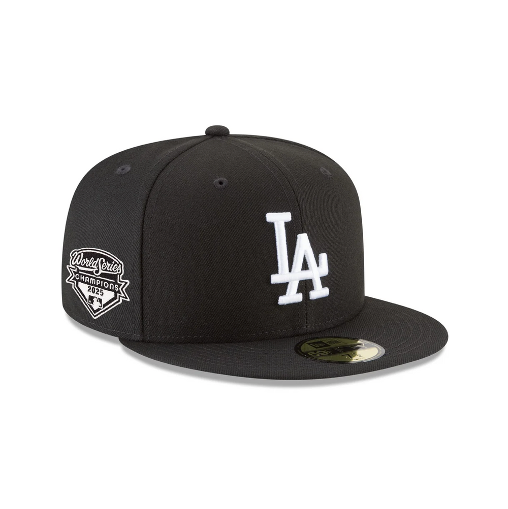 Front Right View of the New Era Dodgers 2025 World Series Champions Black & White 59FIFTY Fitted