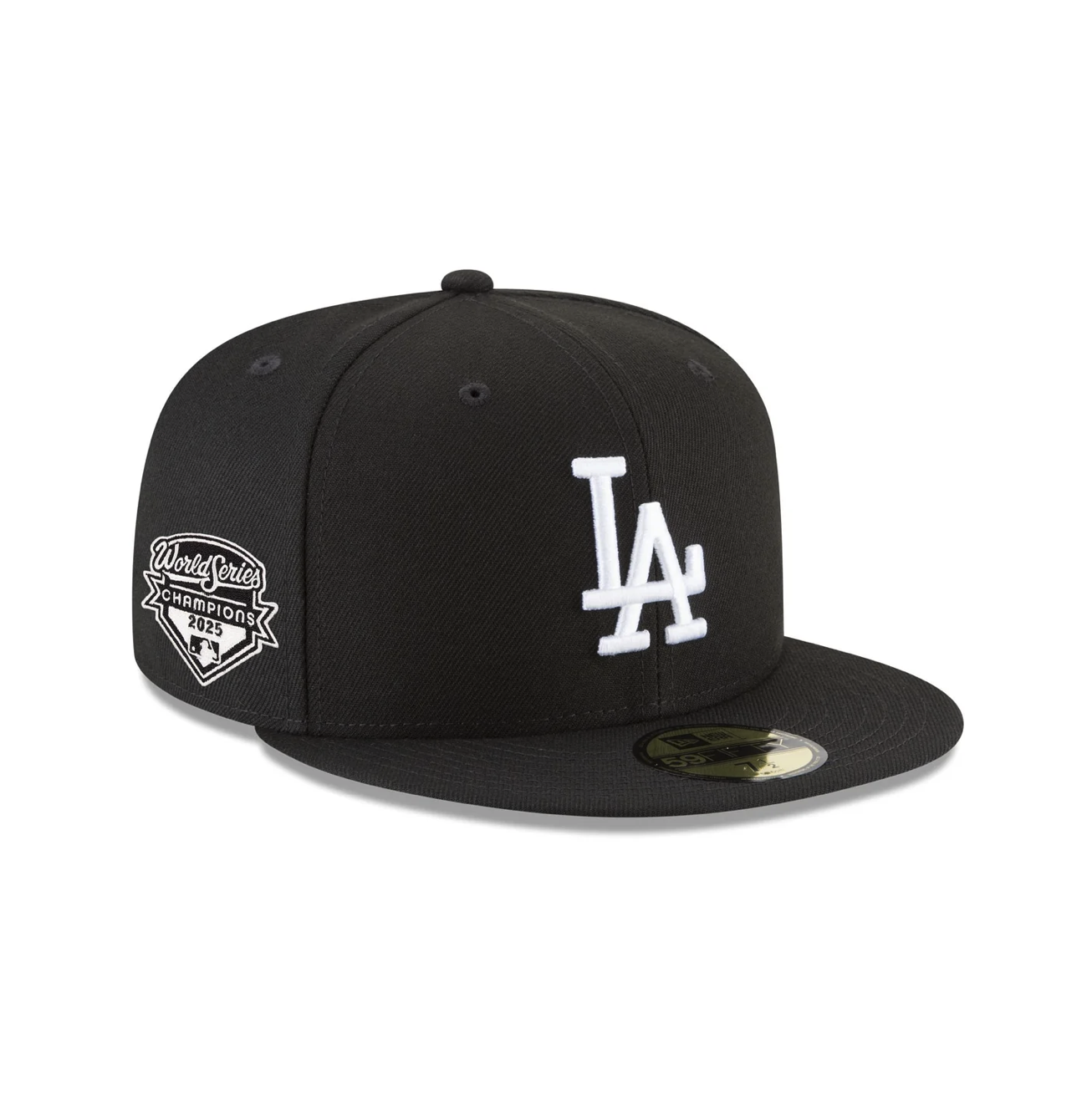Front Right View of the New Era Dodgers 2025 World Series Champions Black & White 59FIFTY Fitted
