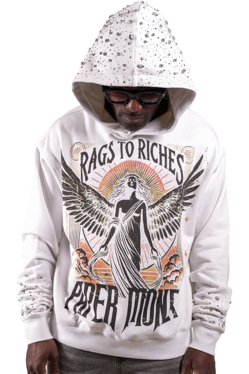 Front View of the Paper Money Fallen Angels Hoodie with Rhinestones