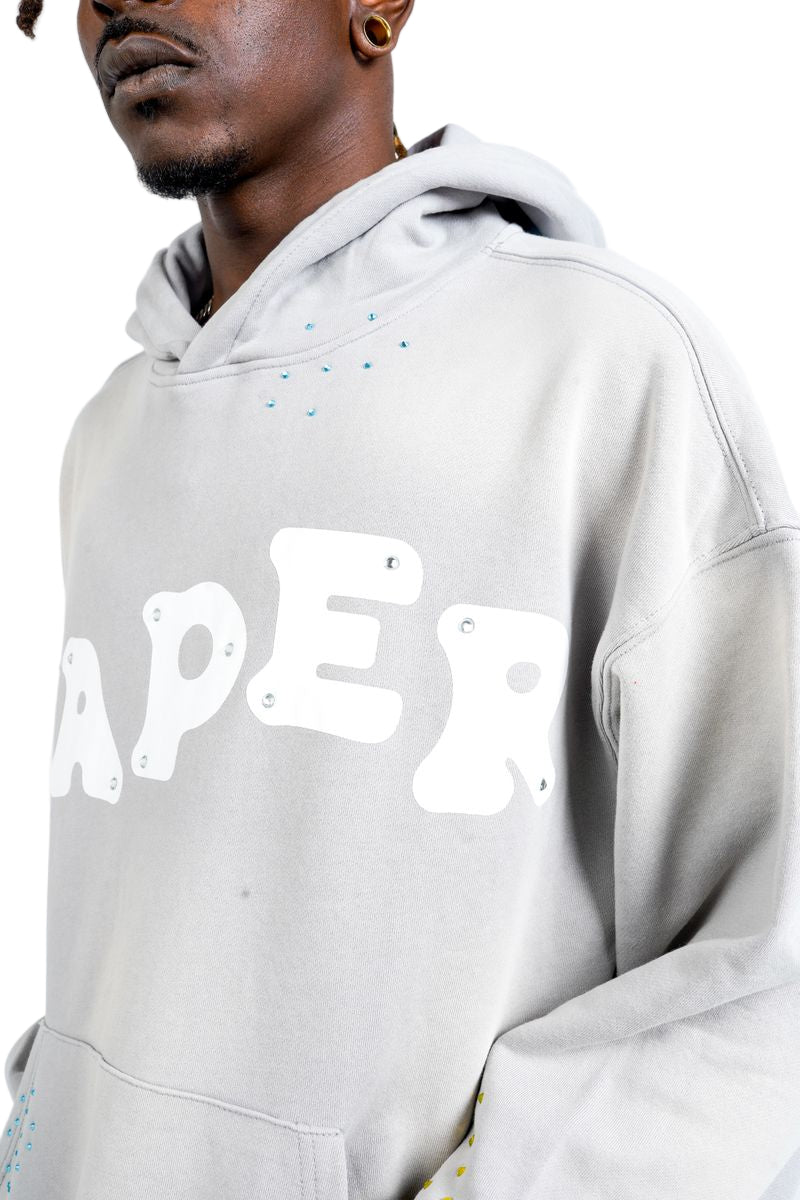 Front Right View of the Paper Money PAPER HOODIE in Grey