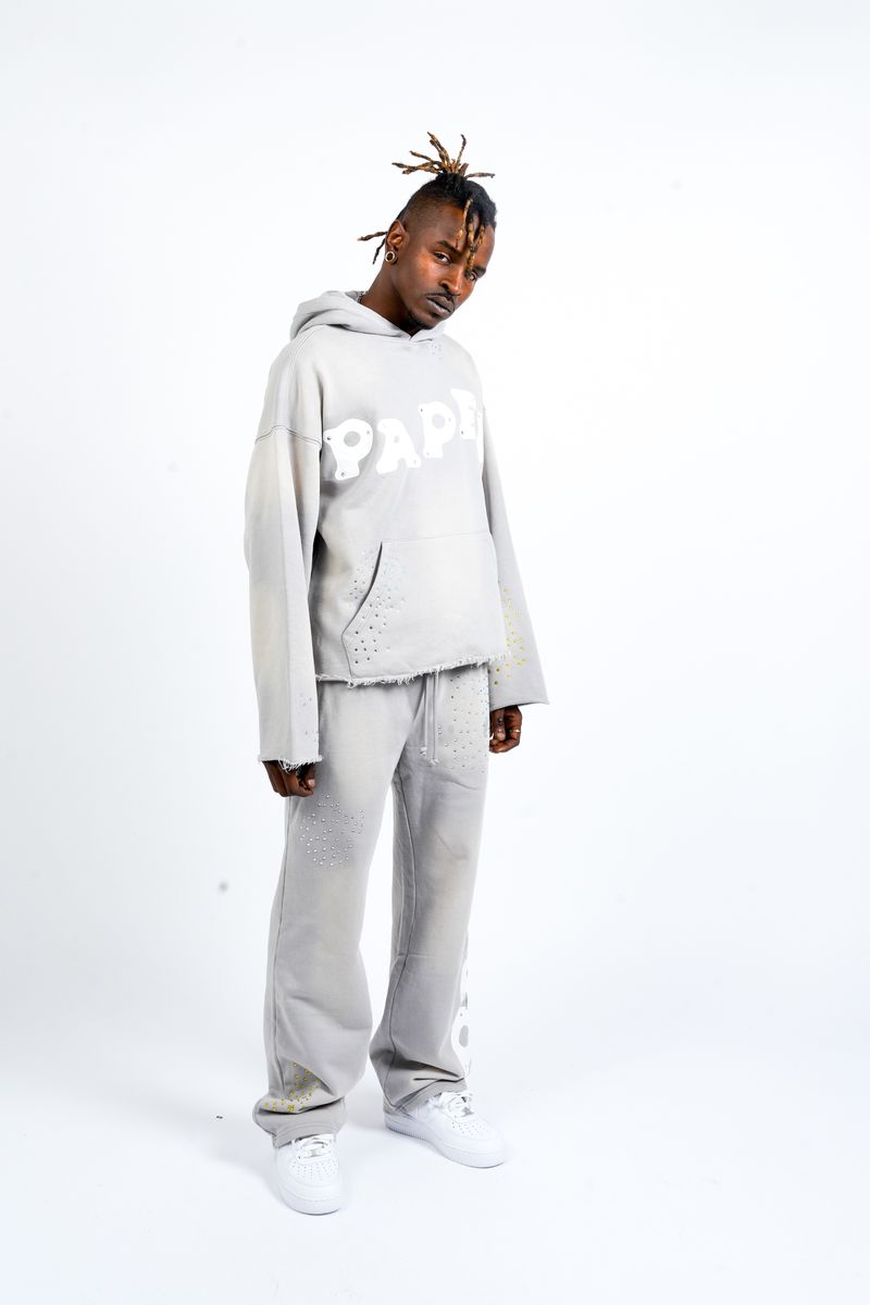 Model Right Side View of the Paper Money PAPER HOODIE in Grey