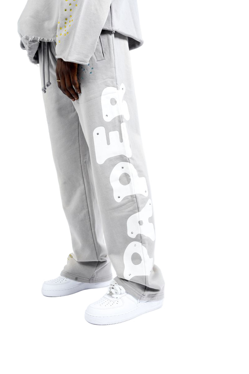 Front Right View of the Paper Money PAPER SWEATPANTS in Grey