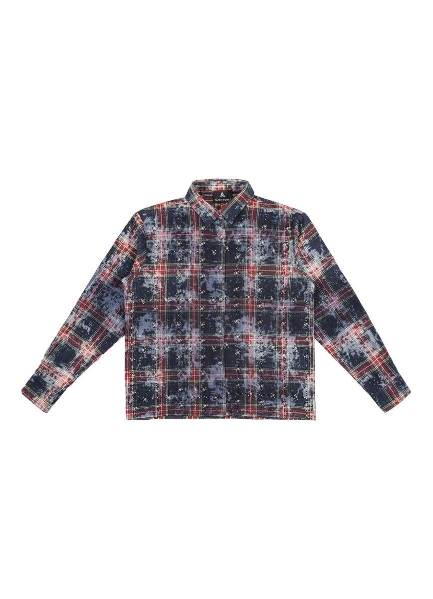 Front View of the Paper Money RHINESTONE FLANNEL in Blue/Red