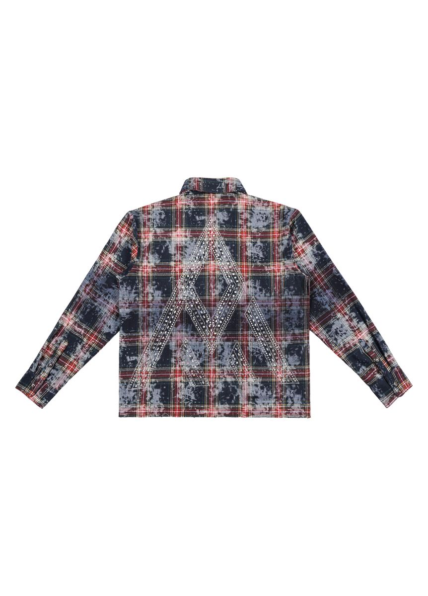 Back View of the Paper Money RHINESTONE FLANNEL in Blue/Red