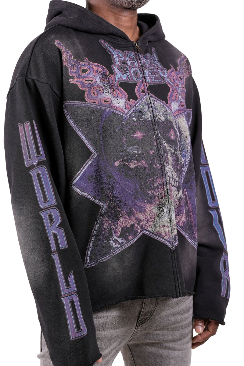 Front Right View of the Paper Money Skull World Hoodie