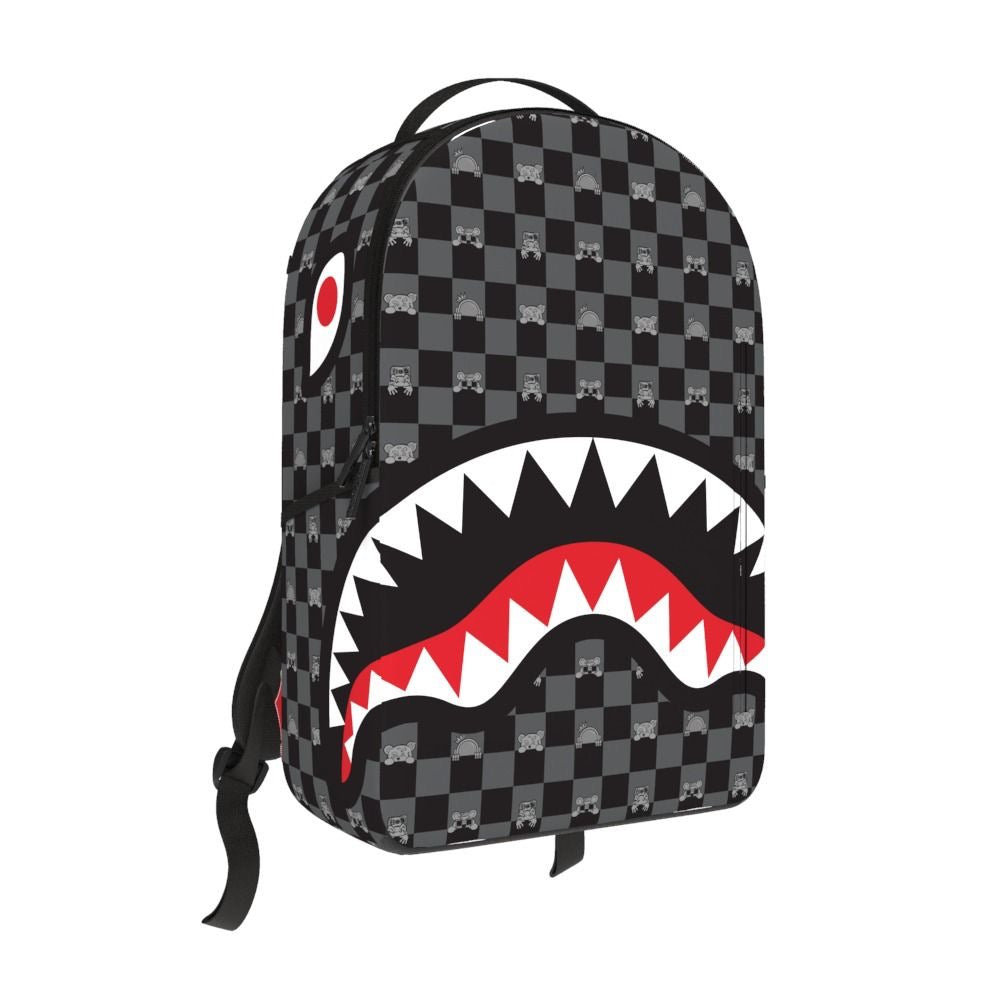 Front Right View of the SprayGround Gray Peeking Characters Backpack
