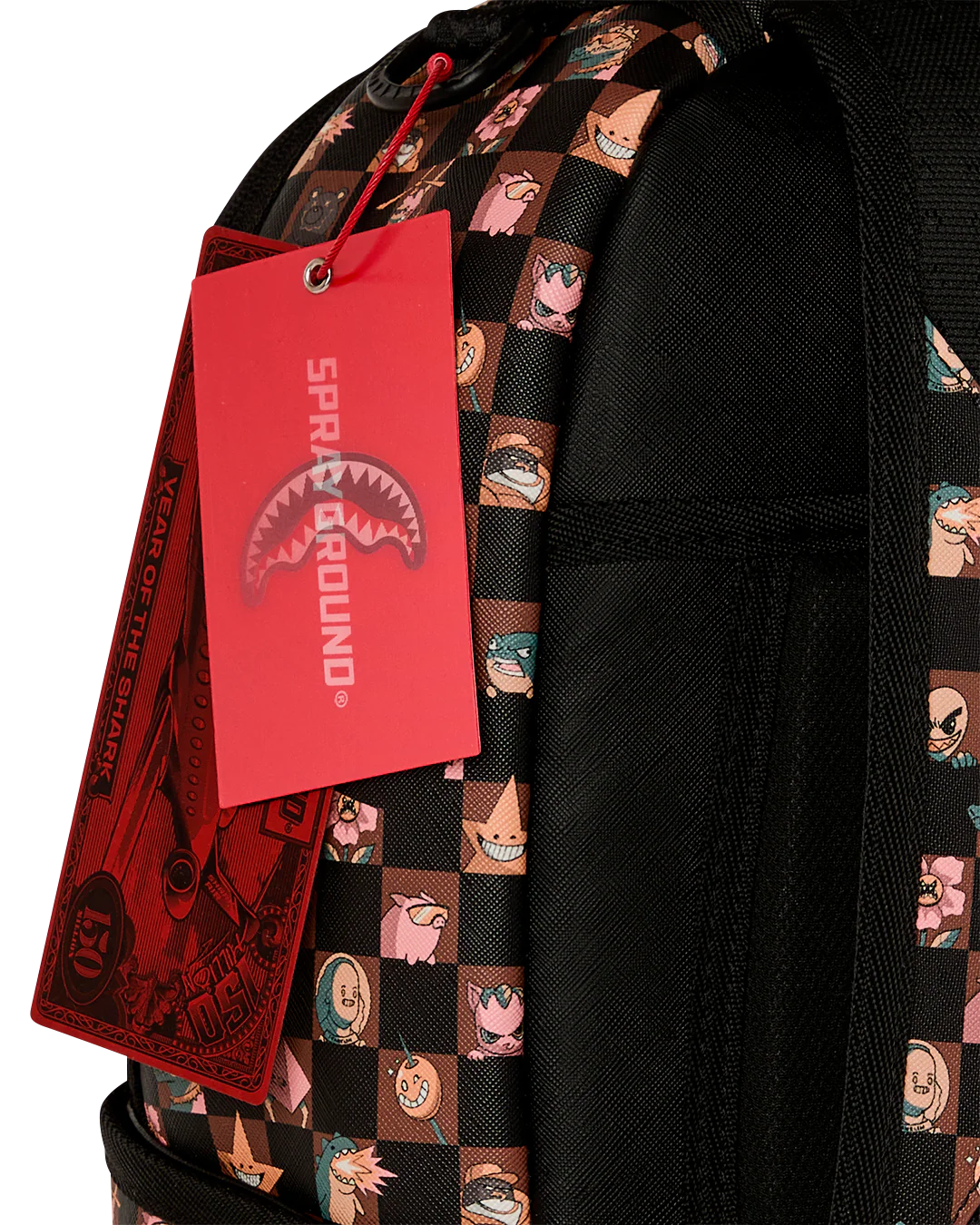 Close Up Tag View of the Sprayground Peeking Characters Remix Backpack