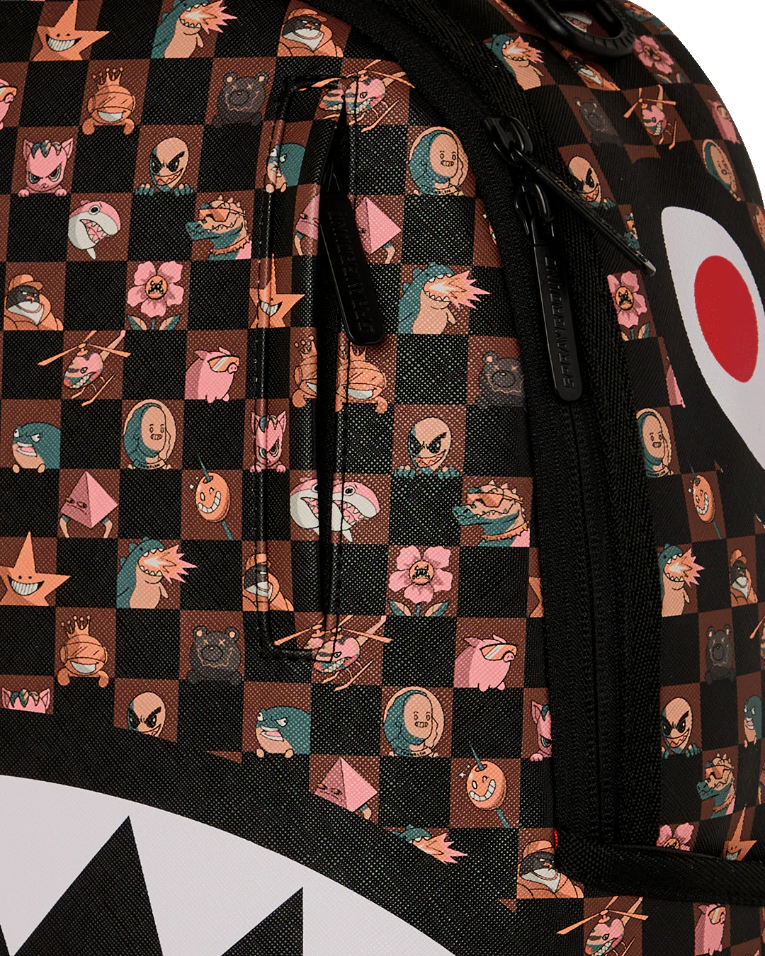 Close Up Zipper View of the Sprayground Peeking Characters Remix Backpack