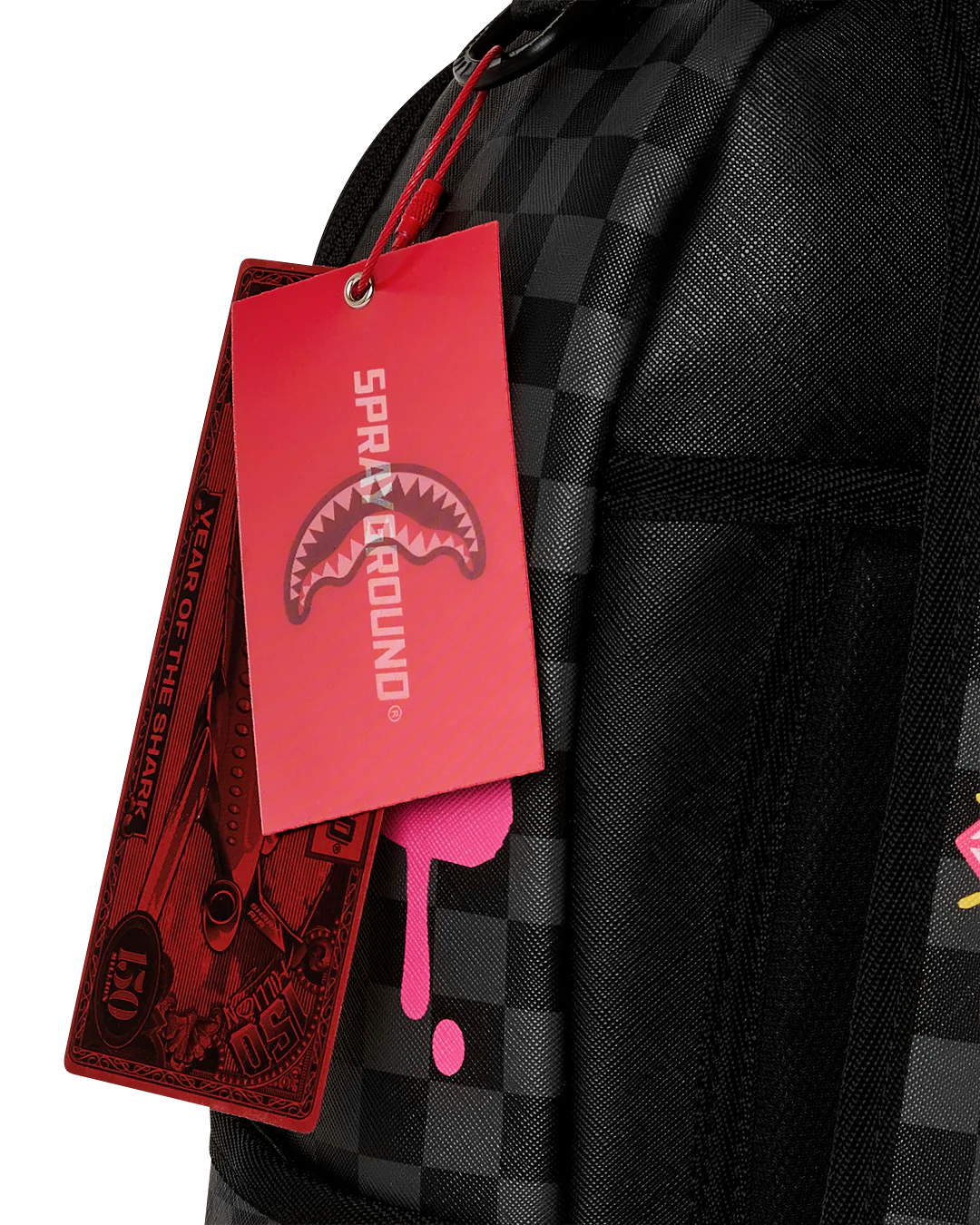 Close Up Tag View of the Sprayground Pink Panther Backpack