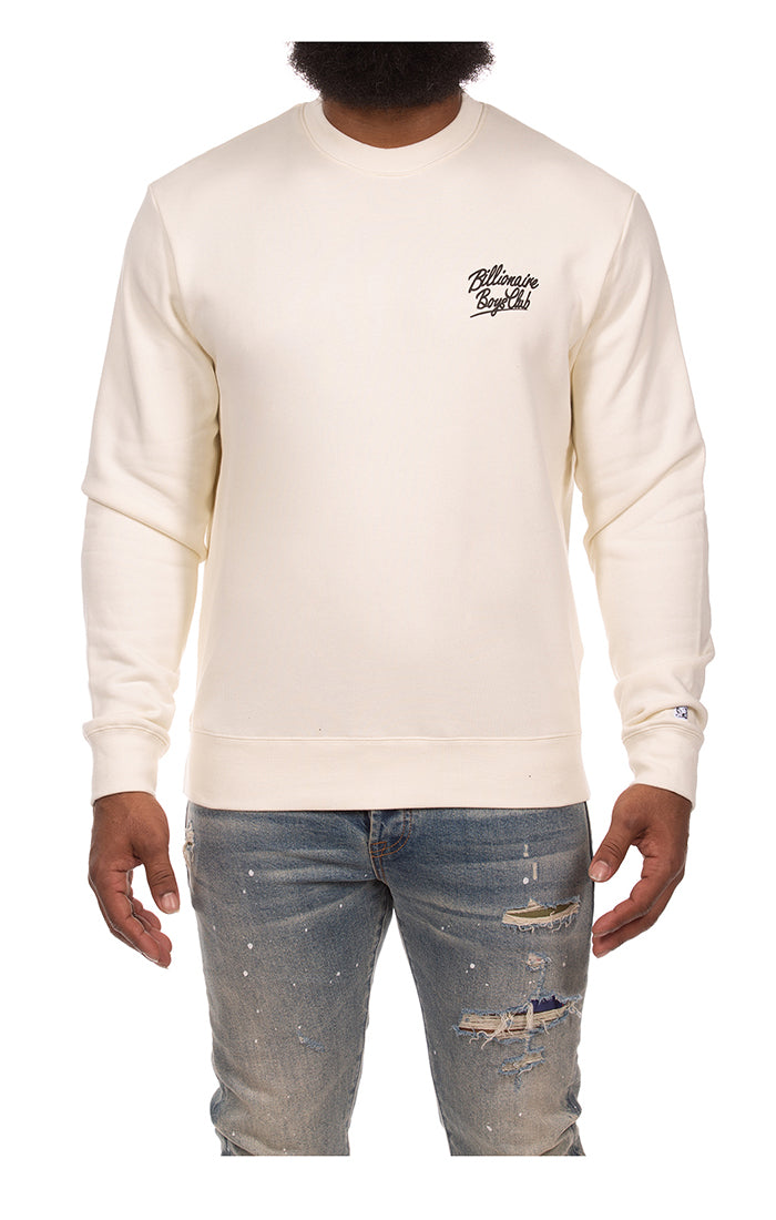Front View of the Billionaire Boys Club BB Small Script Sweatshirt in winter white