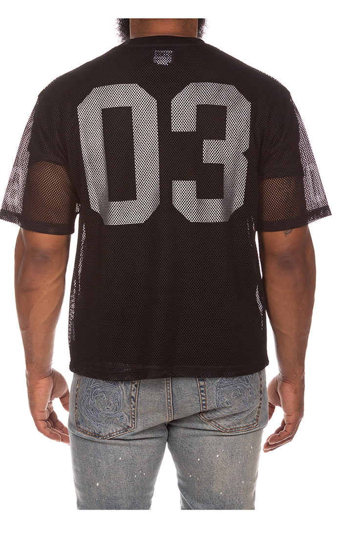 Back view of 03 on Billionaire Boys Club Varsity Football Jersey in Black - Men's Jerseys