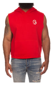 Front View of BBC Space Sleeveless Hoodie in Red - Men's Sleeveless Hoodies 
