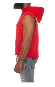 Left side view of BBC Space Sleeveless Hoodie in Red - Men's Sleeveless Hoodies