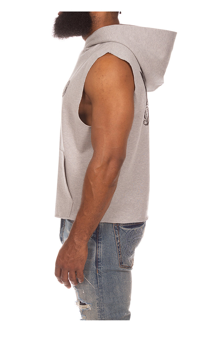 Left side view of BBC Space Sleeveless Hoodie in Grey - Men's Sleeveless Hoodies