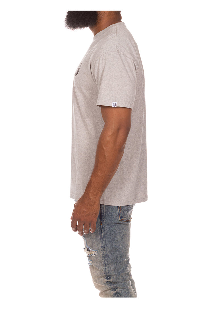 Left side view of BBC Helmet Tee in grey - Men's Streetwear Tees