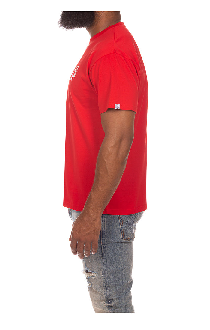 Left side view of the Billionaire Boys Club Helmet Tee in Red - Men's Streetwear Tees