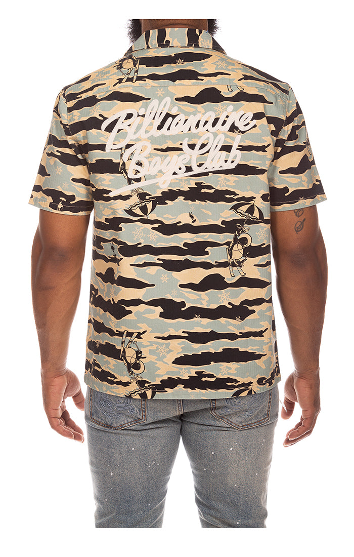 Back View of Billionaire Boys Club Tiger Camo Woven Shirt in Mojave Desert - Men's Button Downs