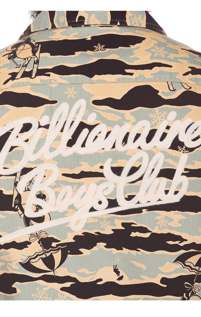 Close up of BBC Script on back of BBC Tiger Camo Woven Shirt - Men's Button Down