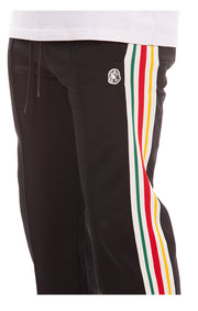 Side View of Red/Yellow/Green stripes on BBC Bass Track Pants = Men's Streetwear Pants 