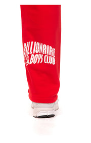 Close up View of BBC Script on Billionaire Boys Club Curve Sweatpants in Red- Men's Sweatpants 