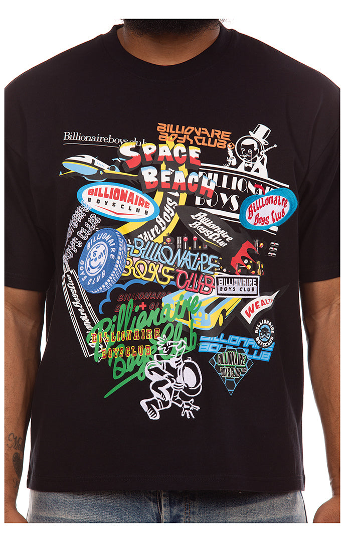 Close up view of Billionaire Boys Club Shortsleeve Knit Cropped Tee in Black - Men's Streetwear Tees