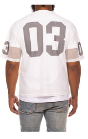 Back View of 03 Text on the Billionaire Boys Club Varsity SS Tee - Men's White Varsity Tee