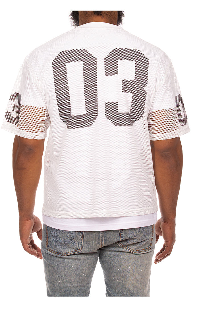 Back View of 03 Text on the Billionaire Boys Club Varsity SS Tee - Men's White Varsity Tee