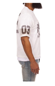 Side View of BBC Varsity SS Tee - Men's White Varsity Tee