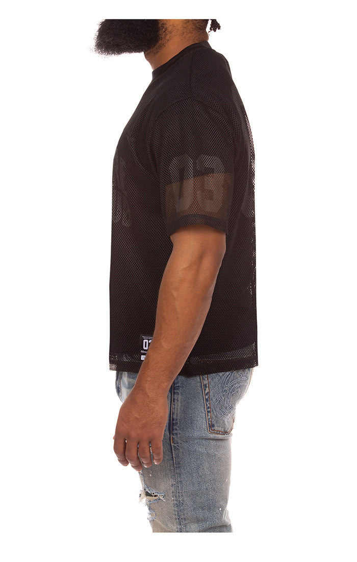 Left side view of BBC Varsity SS Tee in Black - Men's Varsity Tee