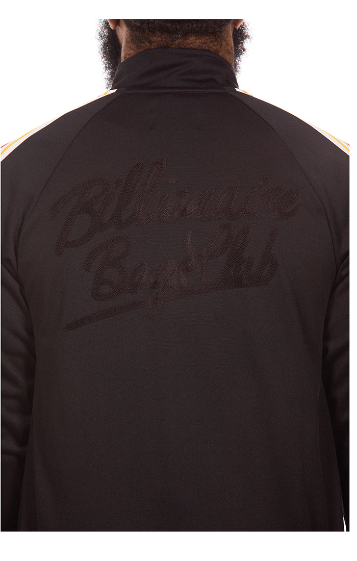 Close up view of BBC text on Soundcheck Jacket in Black – Men’s Streetwear Zip-Up Jacket