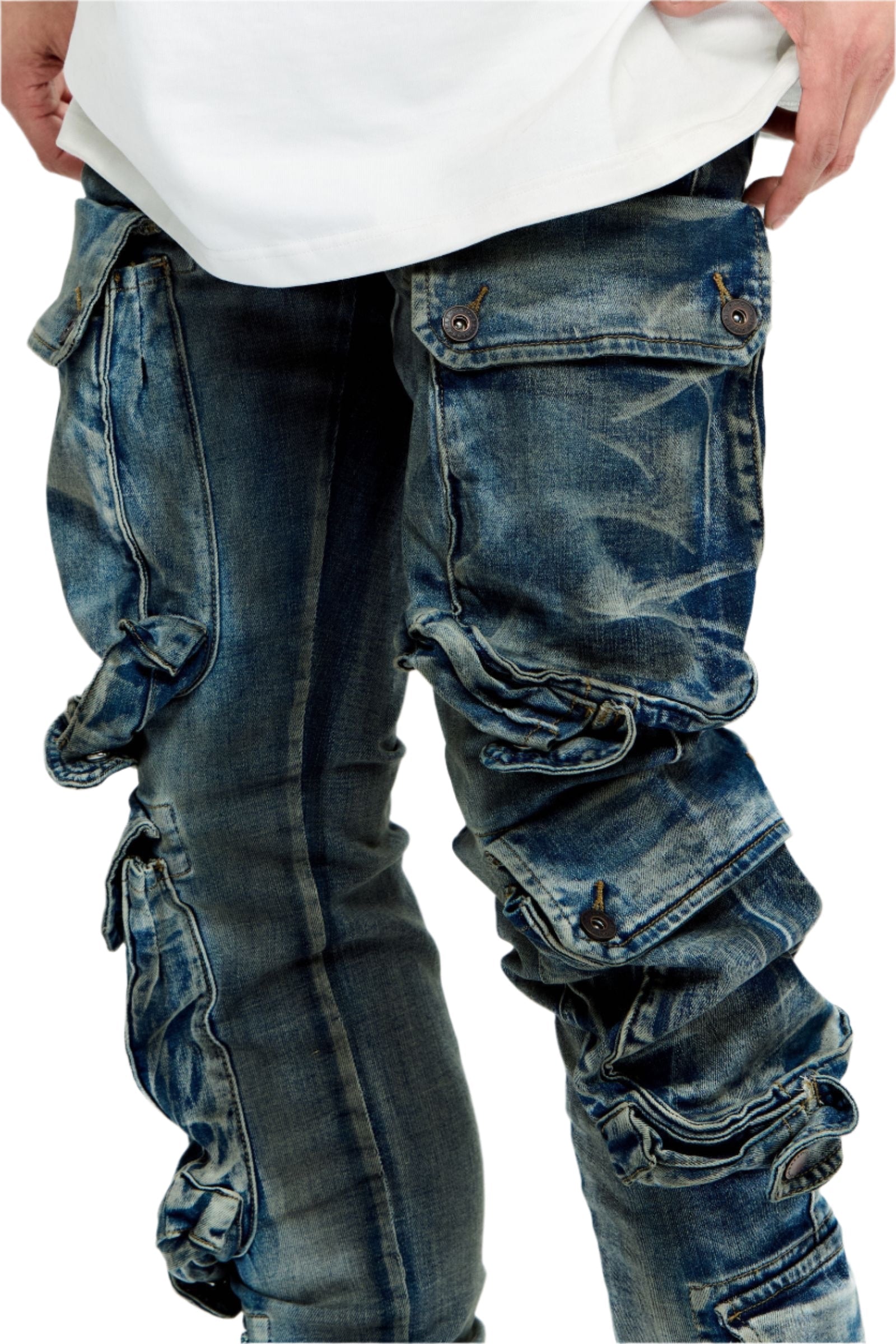 Close Up Pocket View of the Valabasas "CLIFF JUMP" DIRTY LT BLUE SKINNY Jeans