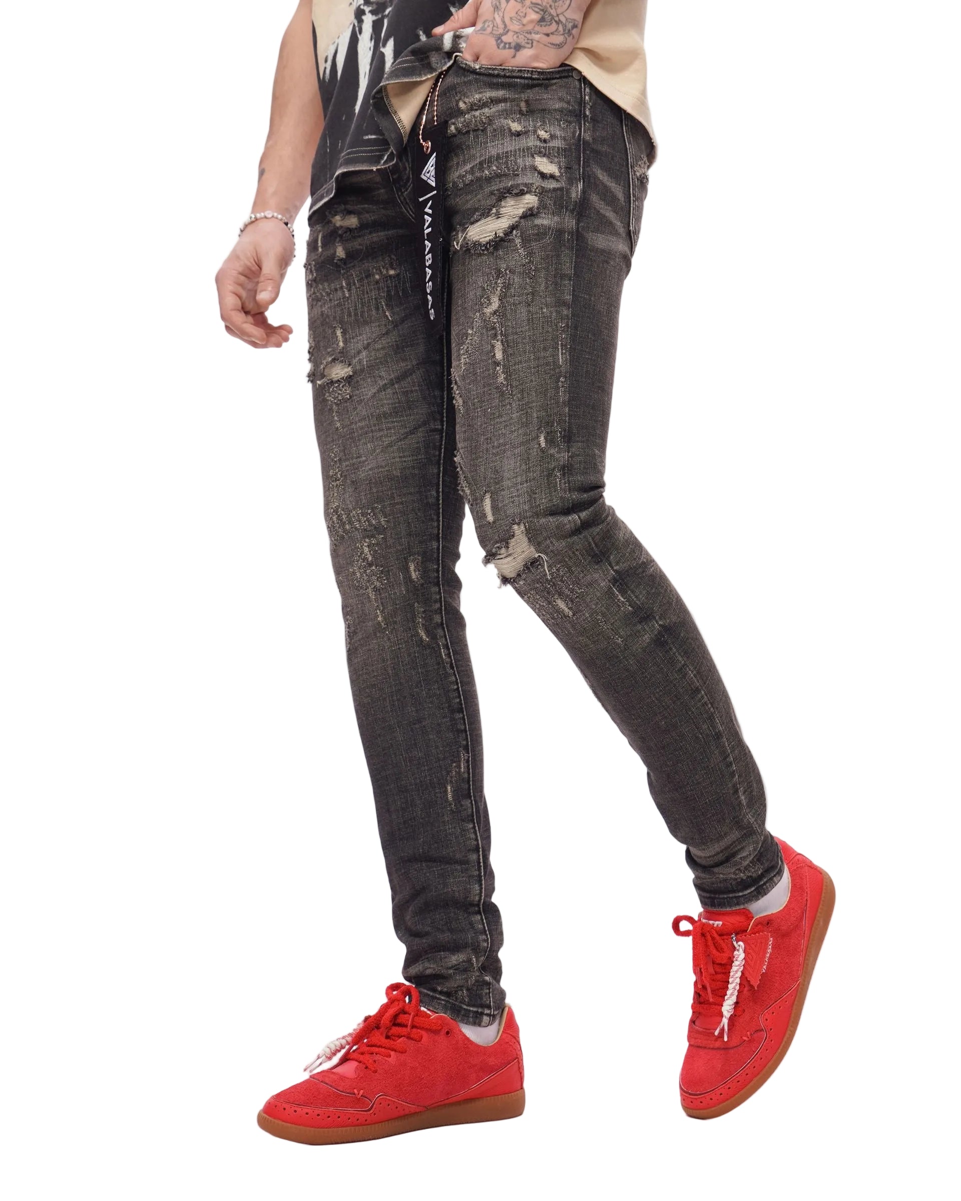 Front Left View of the Valabasas Collage Skinny Denim