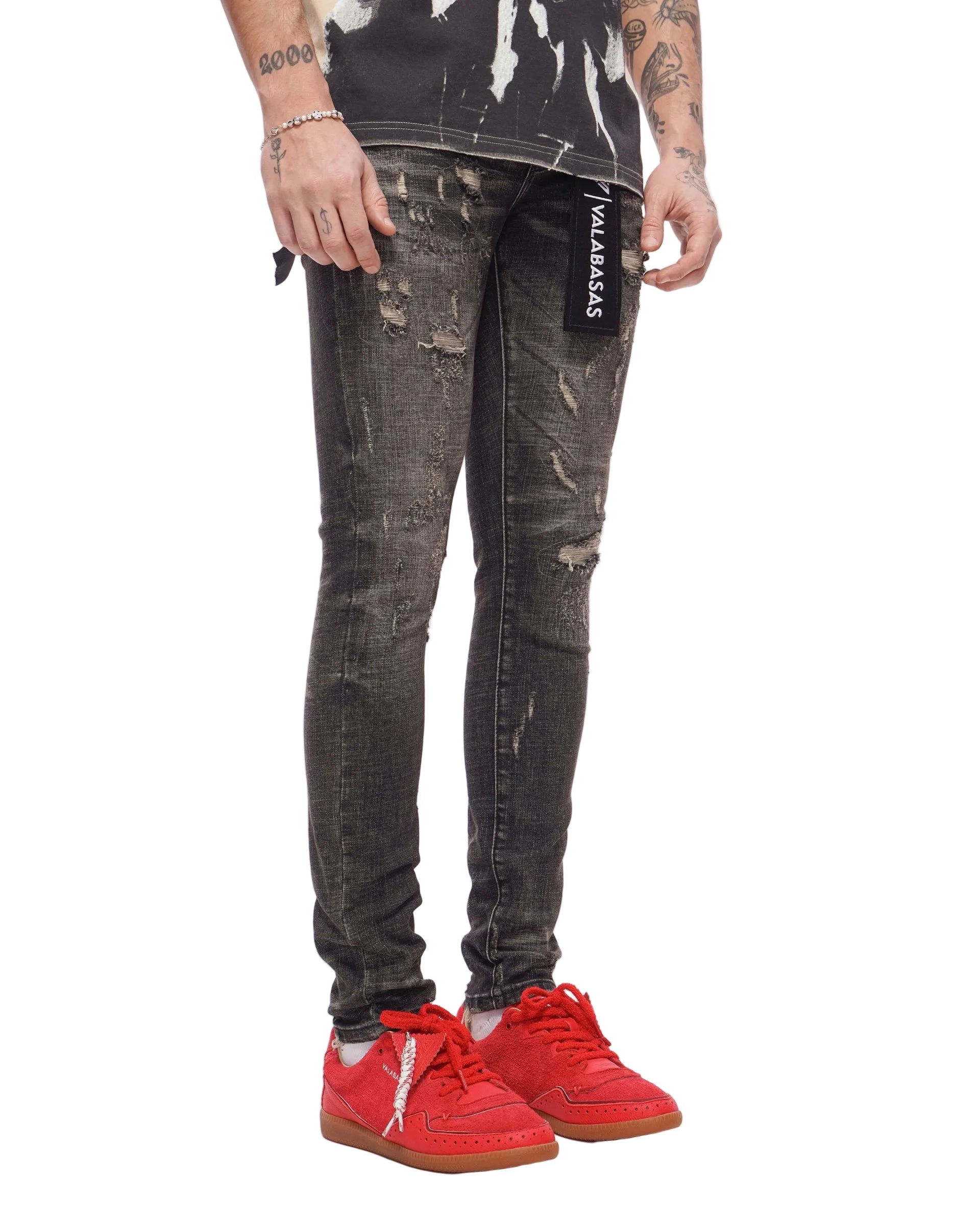 Front Right View of the Valabasas Collage Skinny Denim