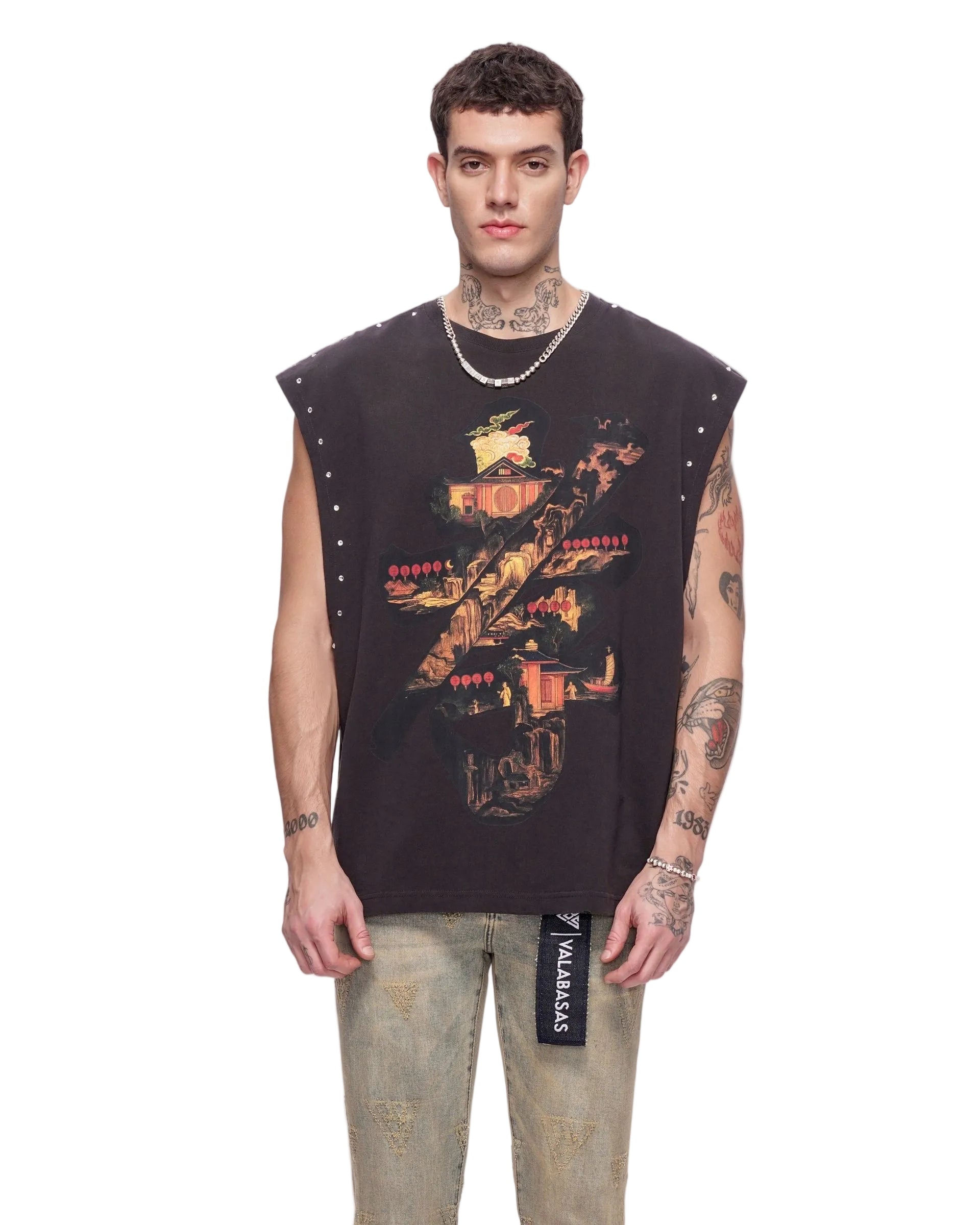 Front View of the Valabasas Ember Glyph Cut off Tee