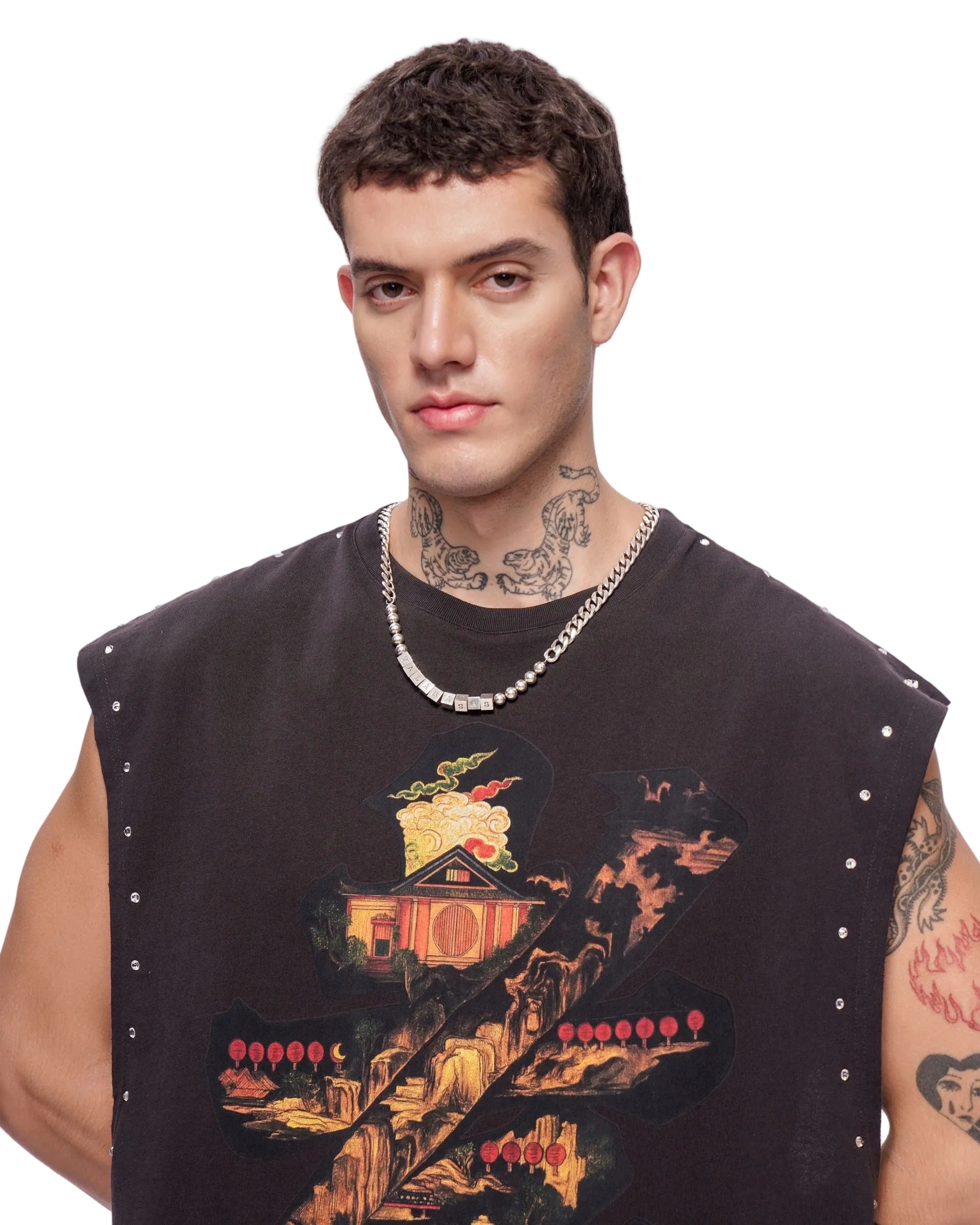 Front Close Up View of the Valabasas Ember Glyph Cut off Tee