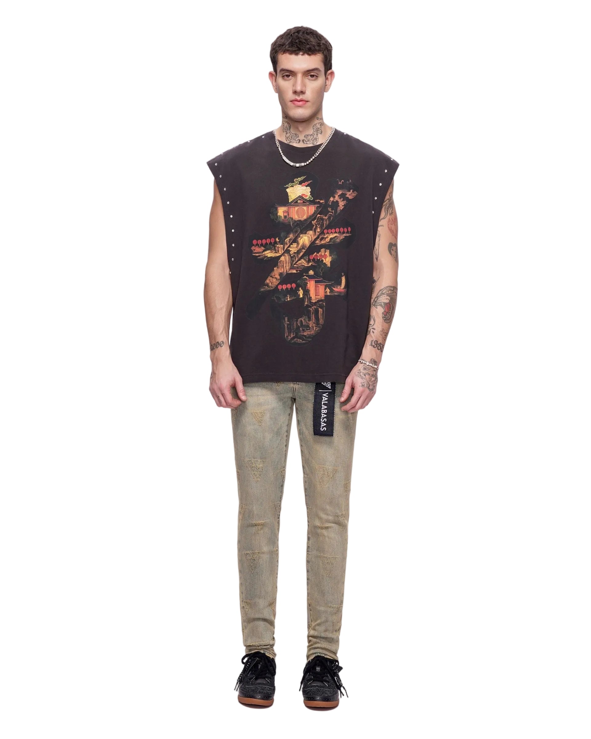 Front Model View of the Valabasas Ember Glyph Cut off Tee