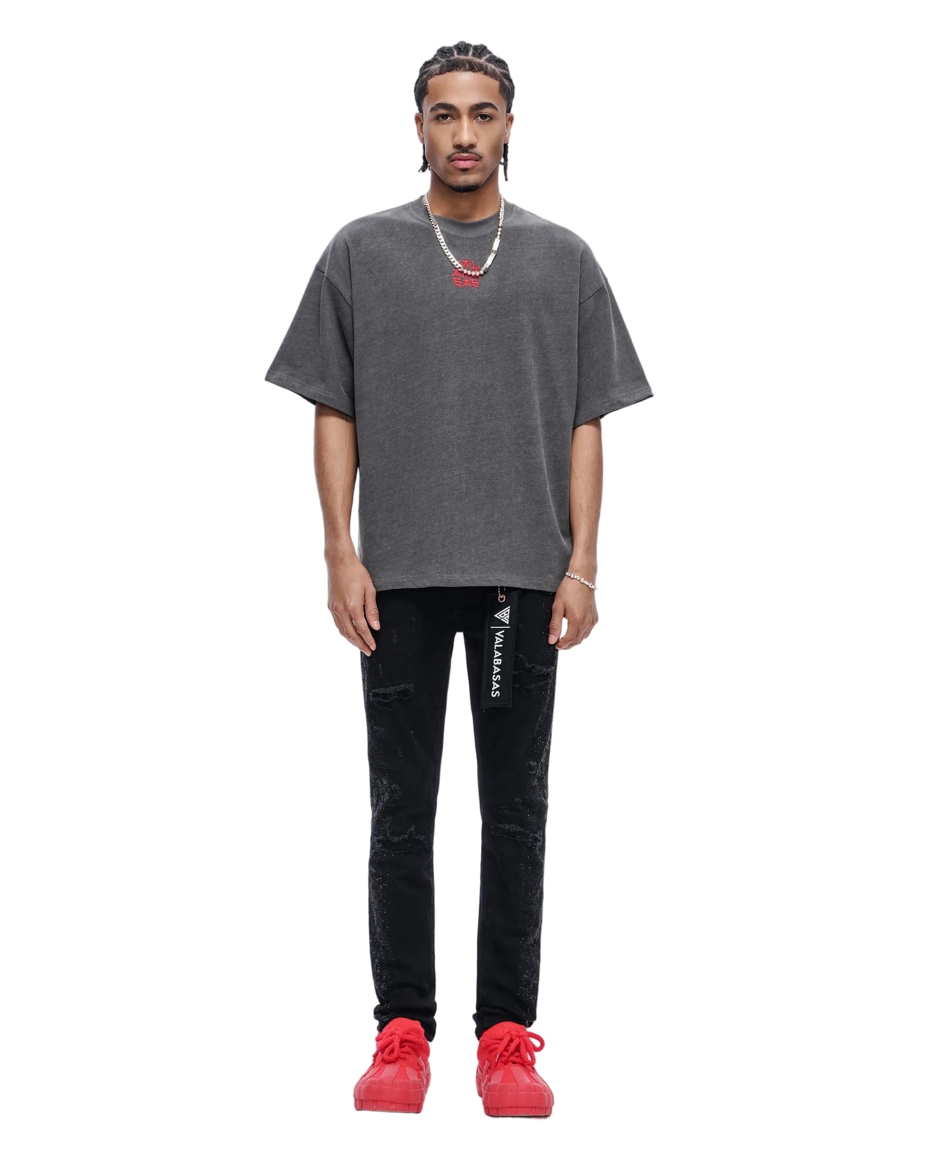 Front View of the Valabasas Kaen Graphic Tee in Dark Grey