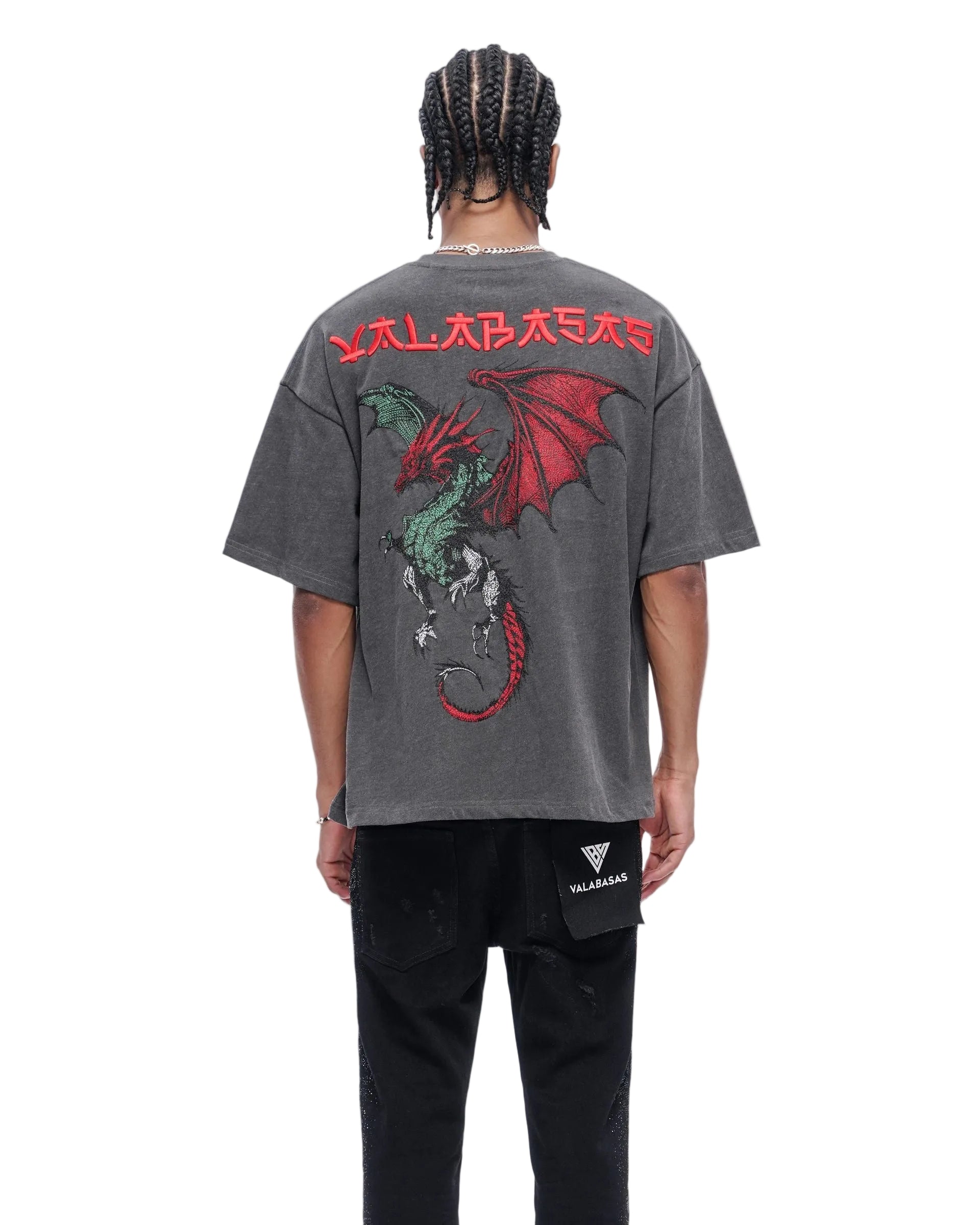 Back Standing Model View of the Valabasas Kaen Graphic Tee in Dark Grey
