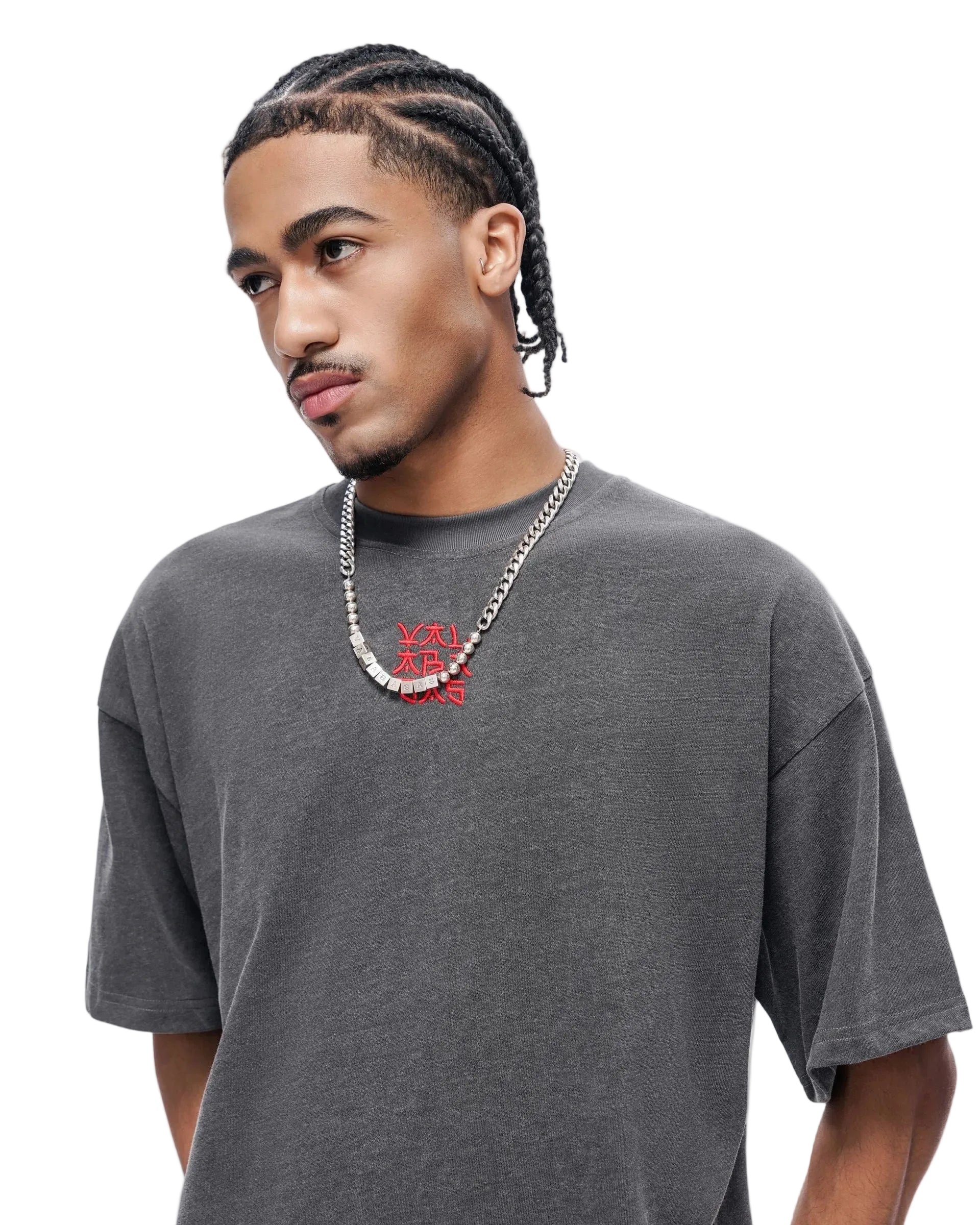 Front Left Model View of the Valabasas Kaen Graphic Tee in Dark Grey