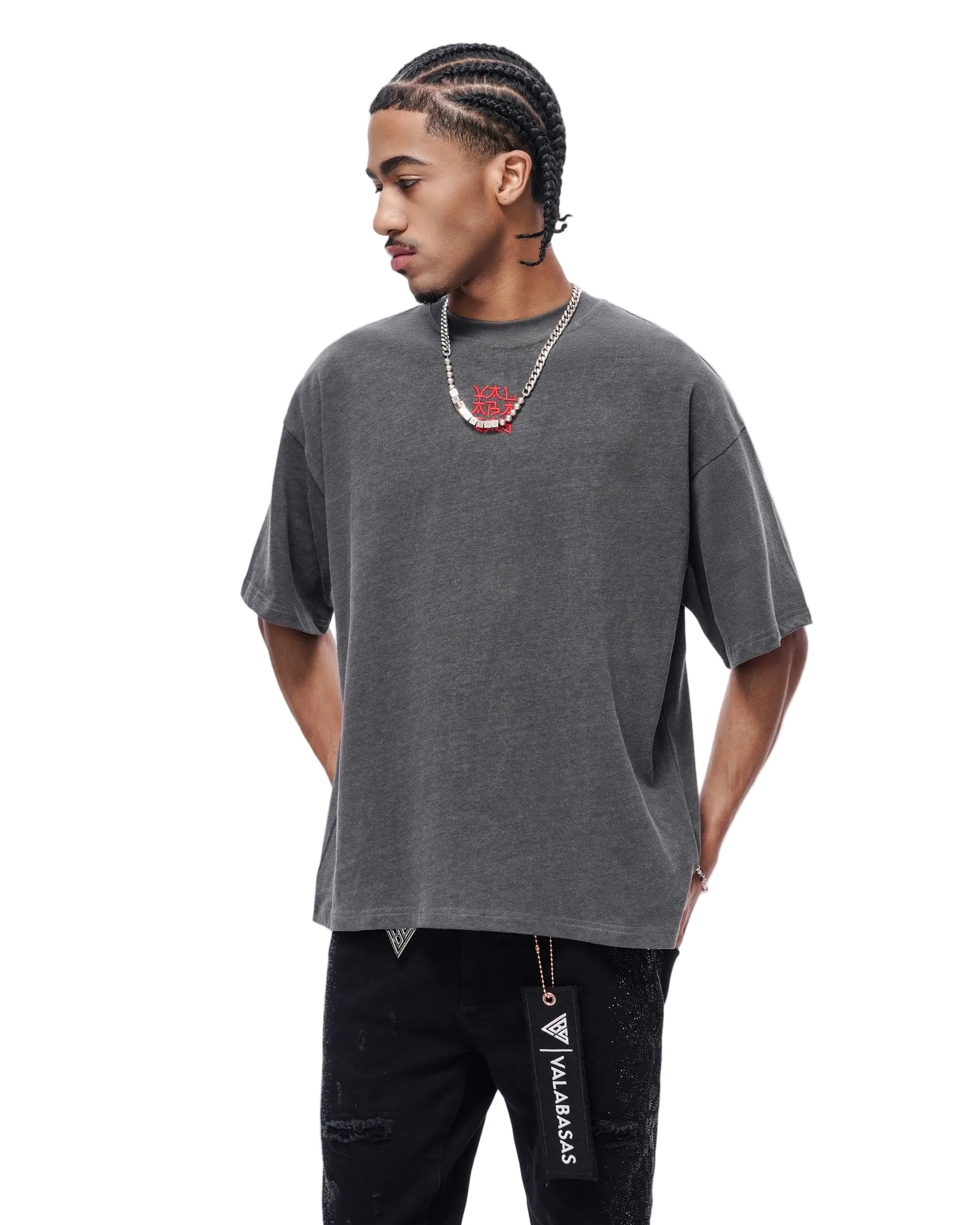 Front Left Model View of the Valabasas Kaen Graphic Tee in Dark Grey