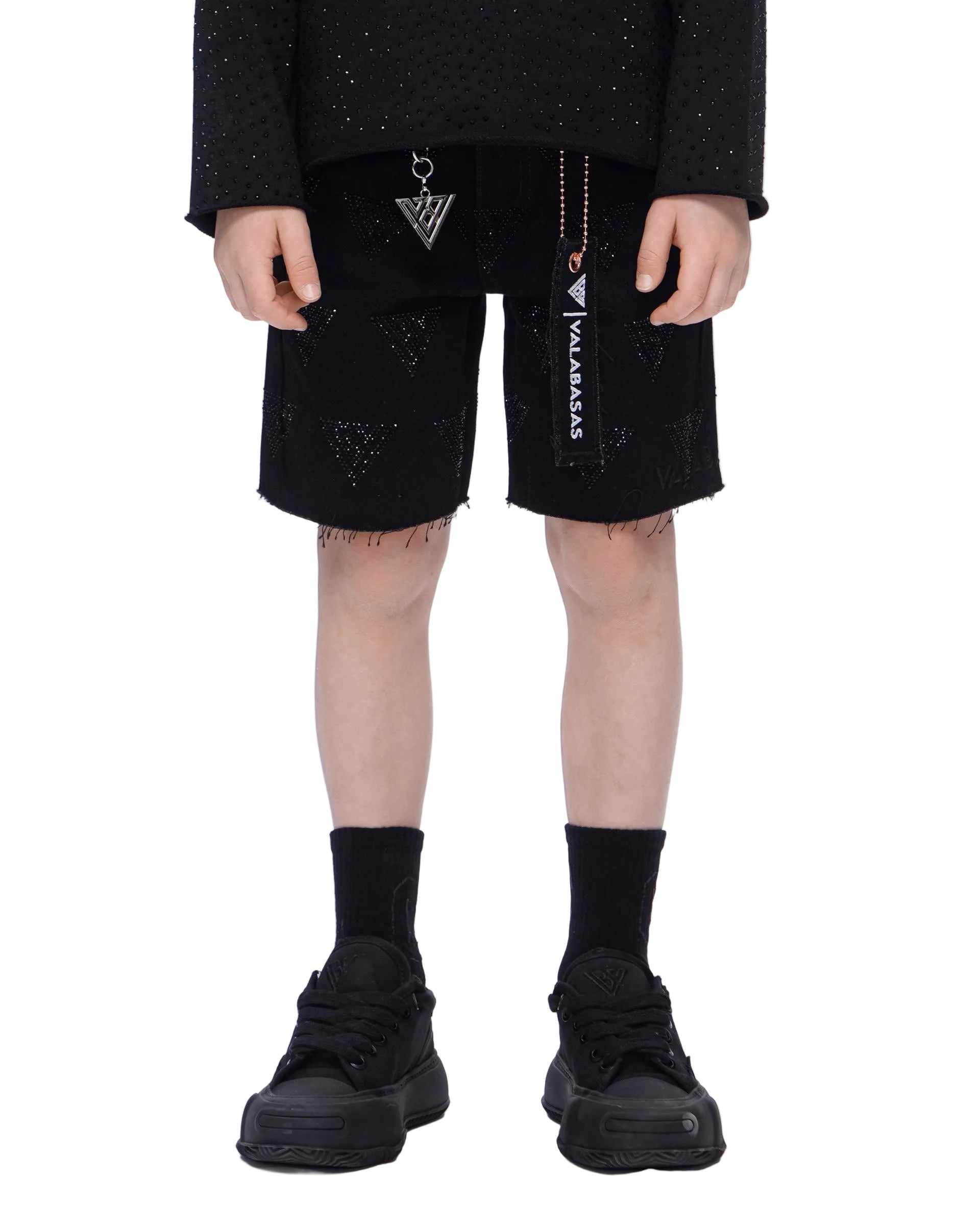 Front View of the Valabasas Kids “PALACE” Denim Shorts In Black