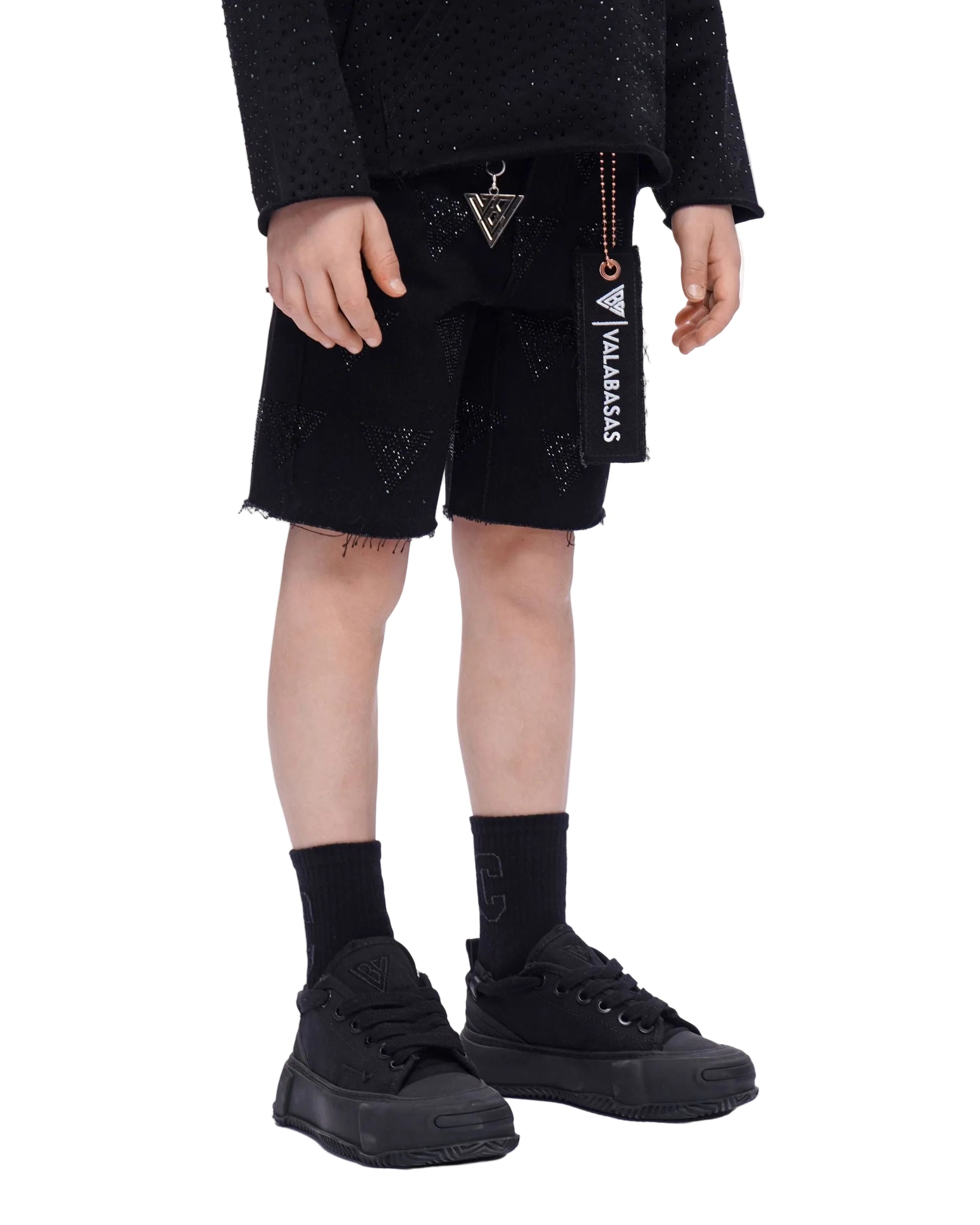 Front Right View of the Valabasas Kids “PALACE” Denim Shorts In Black