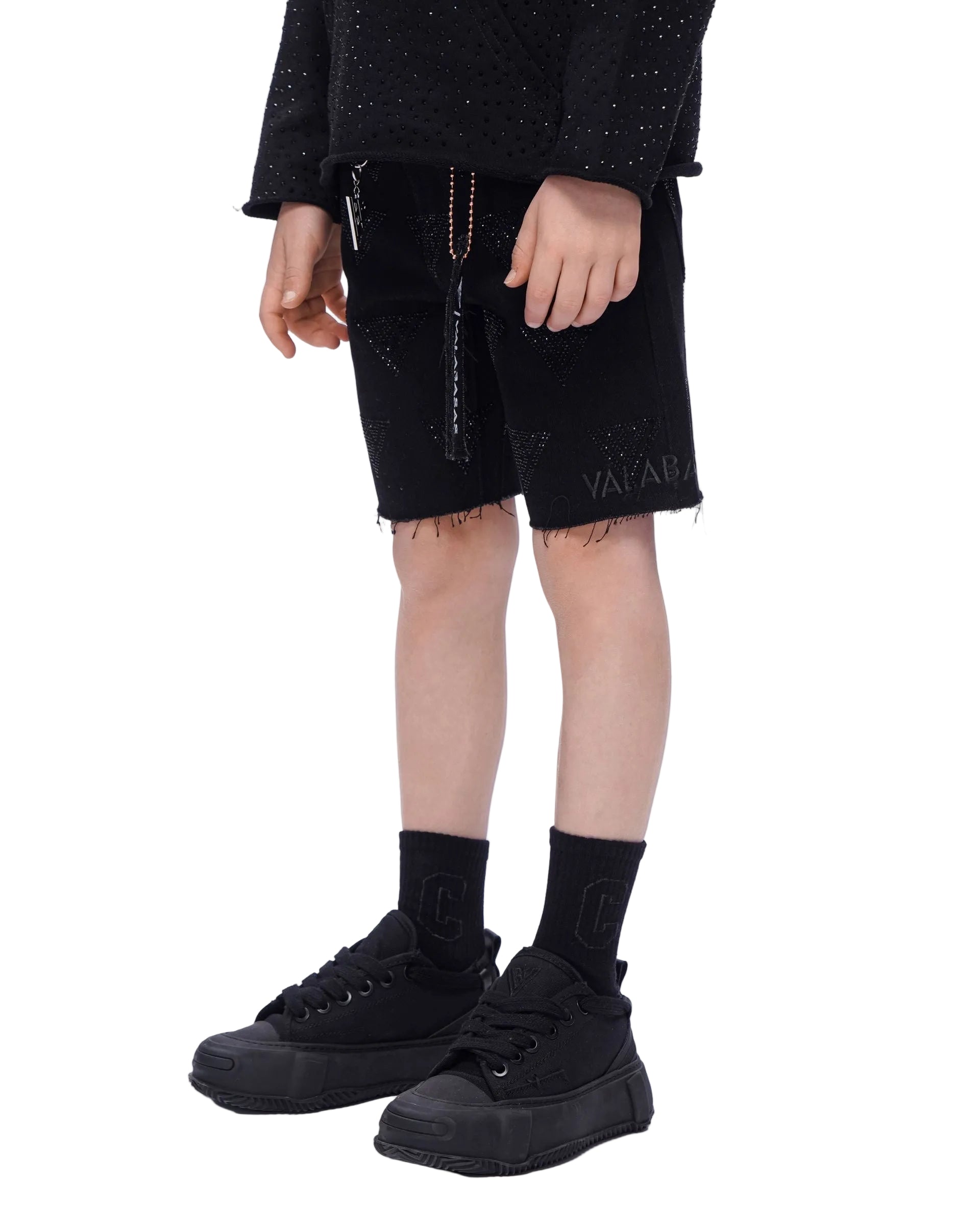 Front Left View of the Valabasas Kids “PALACE” Denim Shorts In Black