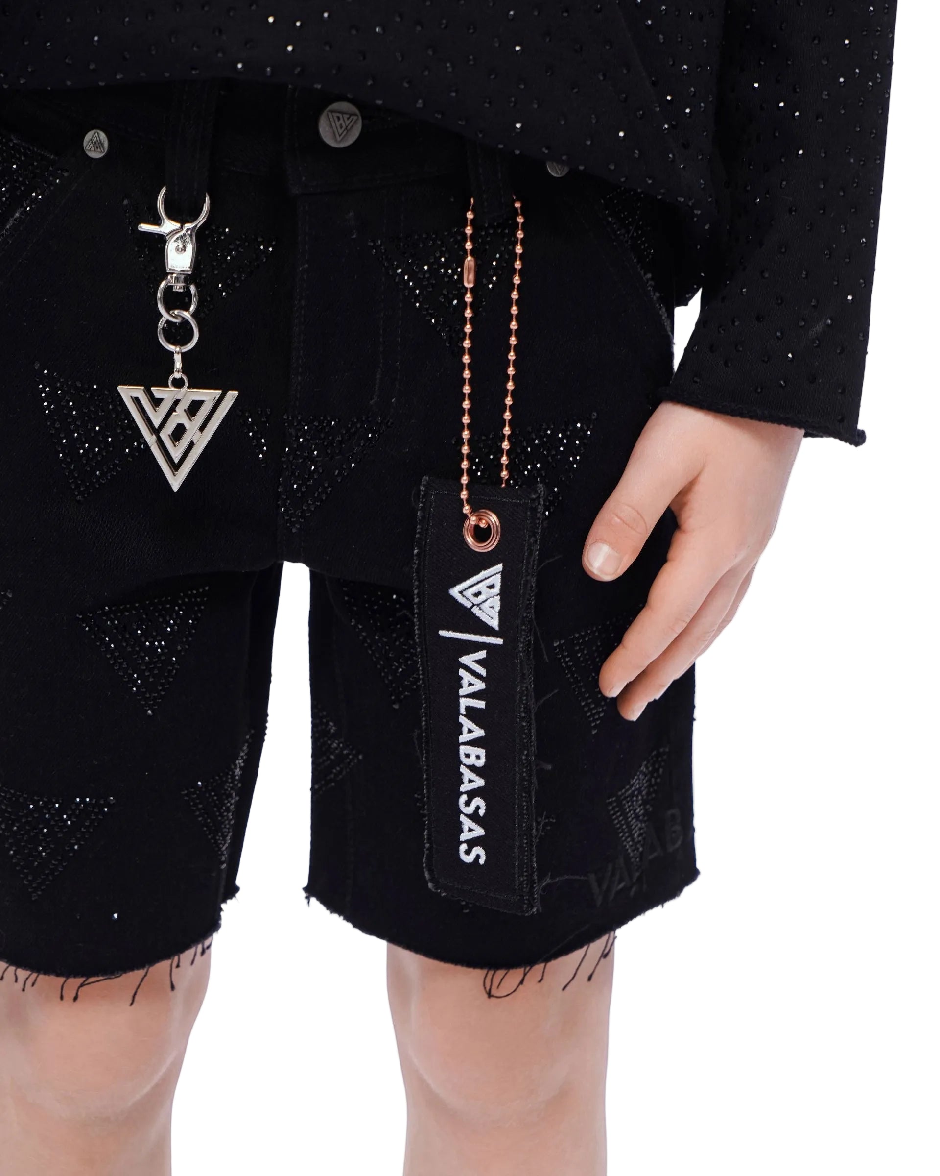 Close Up View of the Valabasas Kids “PALACE” Denim Shorts In Black