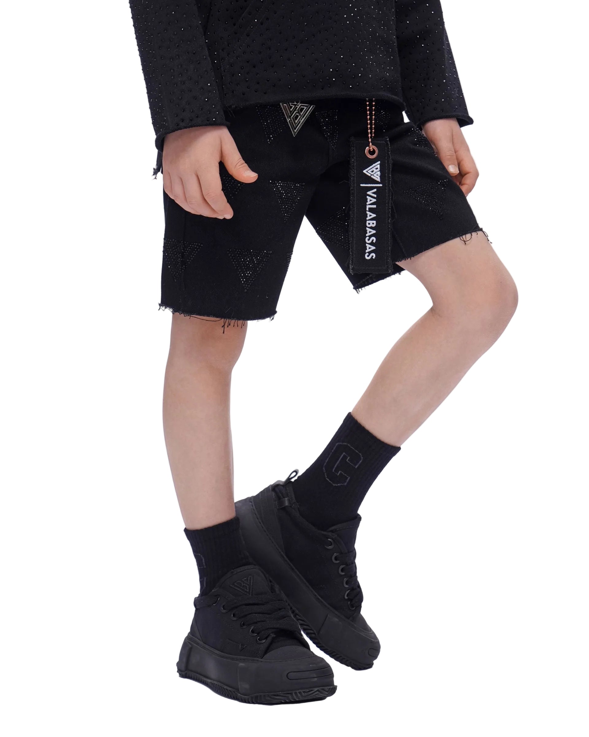 Right Side View of the Valabasas Kids “PALACE” Denim Shorts In Black