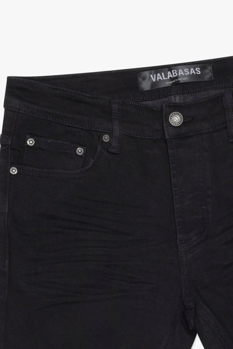 Front Close Up View of the Valabasas Mr.Stacked - BLACK Jeans