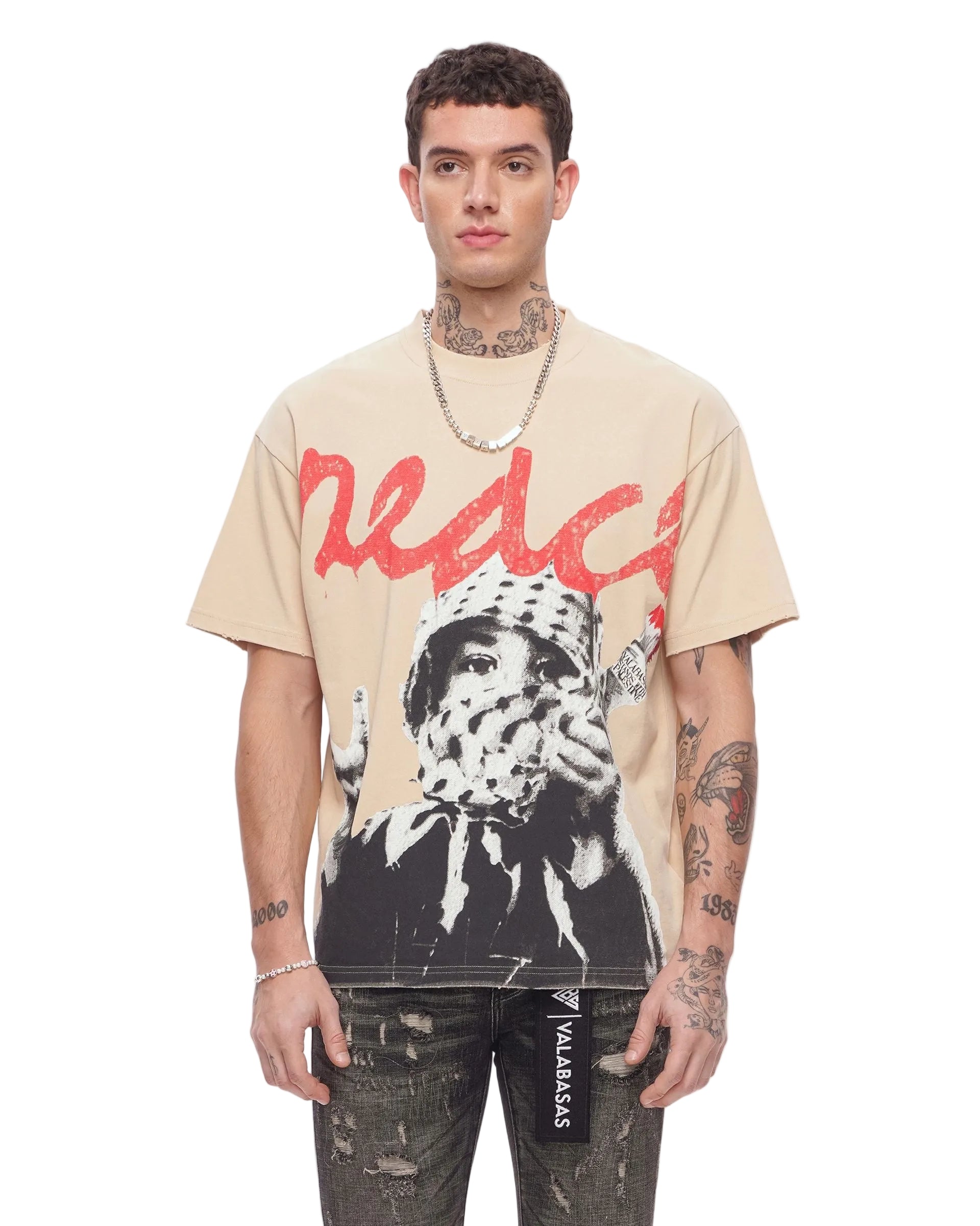 Front View of the Valabasas "PEACE/PURGE" Graphic Tee